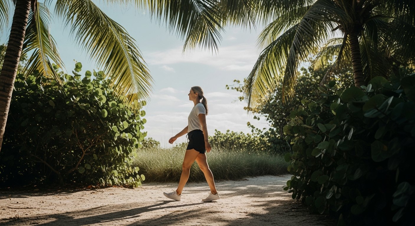 A patient walking on a sunlit South Florida path as part of a medical weight loss plan